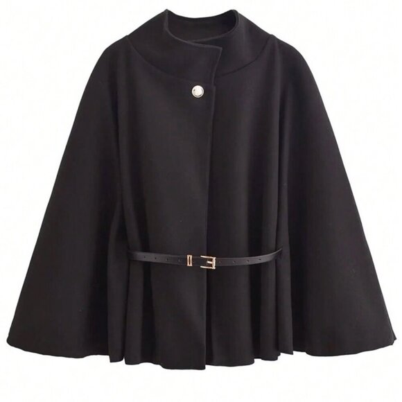 Black Casual Women's Elegant Stand Collar Loose fit belted Coat Jacket - Picture 4 of 7